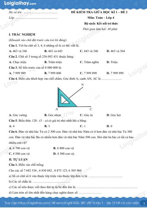 Đề kiểm tra giữa học kì 1 Toán 4 Kết nối tri thức - Đề số 2